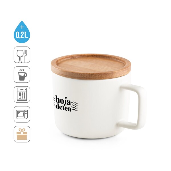 FANGIO. 220 mL ceramic mug with lid and bamboo base - White