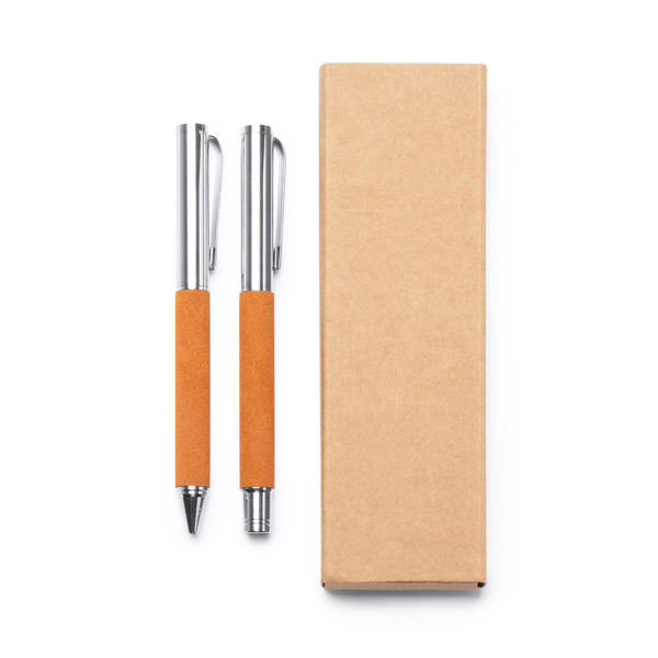Personalized ballpoint and rollerball pen set in recycled leather with rotating clip and metallic details