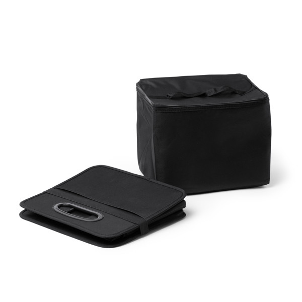 Foldable car trunk organizer with removable 12-litre isothermal cooler, custom branded in 600D polyester