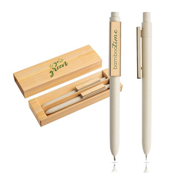 Conjunto De Esferográfica E Lapiseira Em Fibra De Bambu, Estojo De Oferta