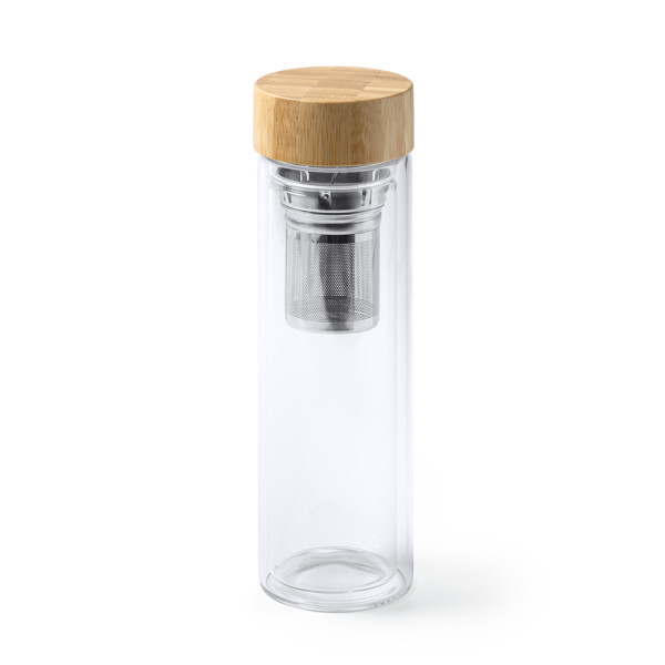 Personalised double-wall borosilicate glass bottle 420 ml with tea infuser and bamboo lid