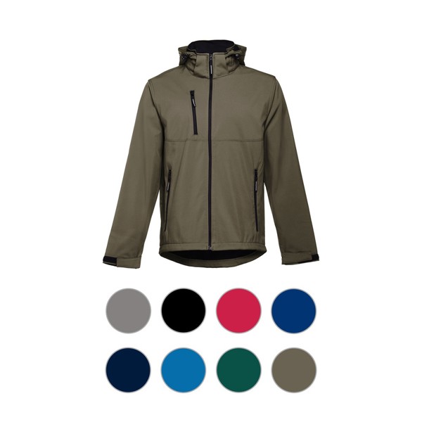 THC ZAGREB. Men's softshell jacket with detachable hood and rounded back hem - Petrol Blue / L