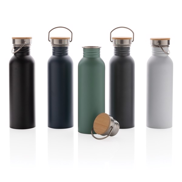 Modern stainless steel bottle with bamboo lid - White