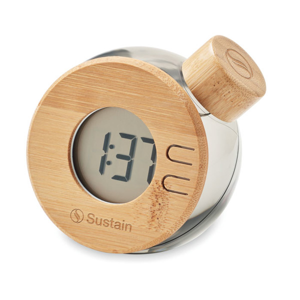 Droppy Lux LCD table clock, water powered, bamboo