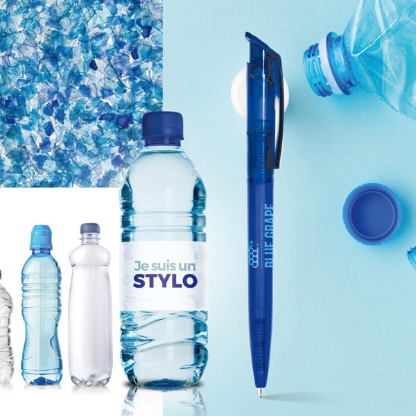 STYLO BILLE BLEUE CORPS ET CLIP PLASTIQUE EN MATIERE RECYCLEE rPET - Blanc opaque