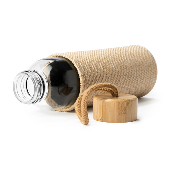 Personalised glass bottle 500 ml with jute sleeve and bamboo lid