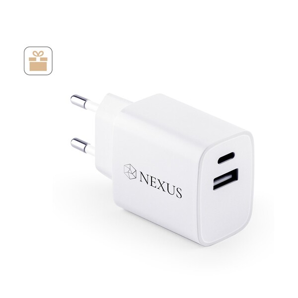 WEGENER. Adapter za napajanje s USB-A priključkom 18W i USB-C 20W u recikliranog ABS-a (100% rABS)