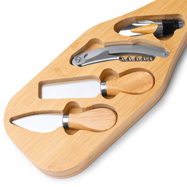 Set de queso y vino personalizado de acero inoxidable y bambú con estuche de madera