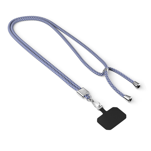 Moderno cordão cruzado para telemóvel em poliéster reciclado (rPET) de 2 tons - Branco / Dark Azure Blue / Acessórios prateados