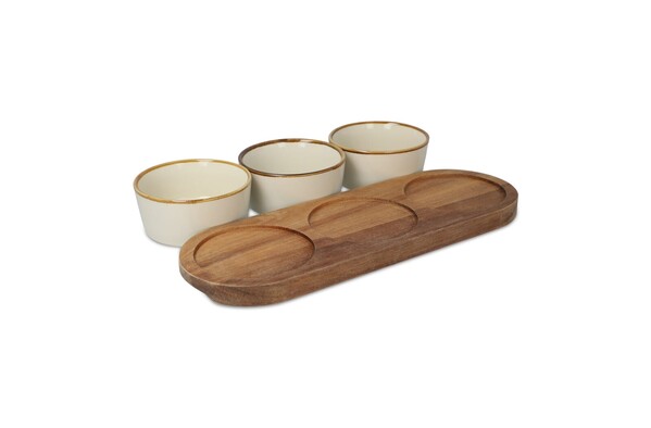 InSideOut Support en bois avec 3 bols ronds en céramique - Ecru