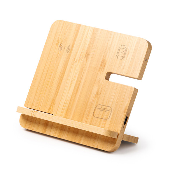 Soporte cargador inalámbrico 3 en 1 personalizado de bambú 15W