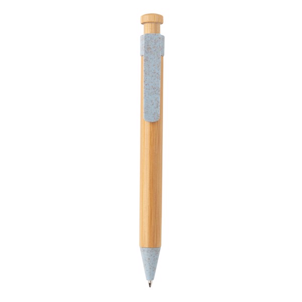 Stylo en bambou avec clip en fibre de paille - Bleu