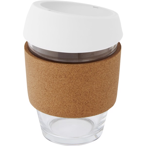 Gobelet Lidan de 360 ml en verre borosilicate avec grip en liège et couvercle en silicone - Blanc