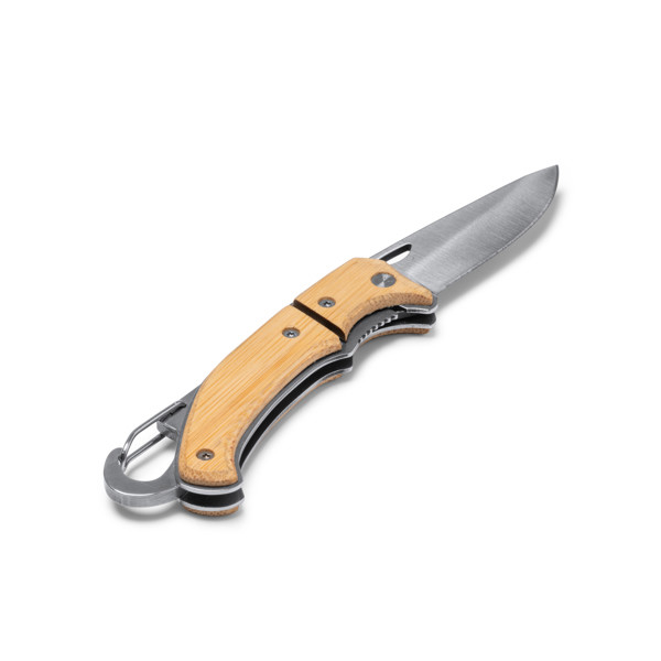 Personalised stainless steel knife with bamboo handle and carabiner