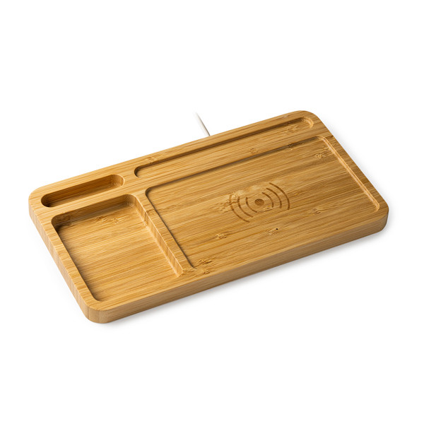 Cargador inalámbrico organizador personalizado de bambú 5W con bandeja multicompartimento