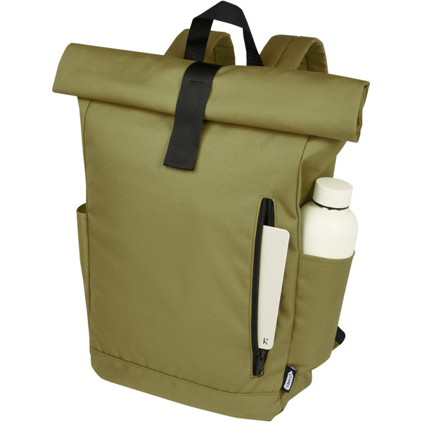Zaino con chiusura arrotolabile per portatile da 15,6" in PET riciclato certificato GRS Byron 18L - Oliva