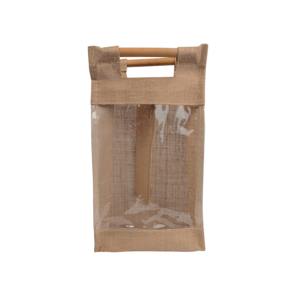 Jute Bottle Bag With Transparent Pvc Window And Bamboo Handles (2 Bottles)