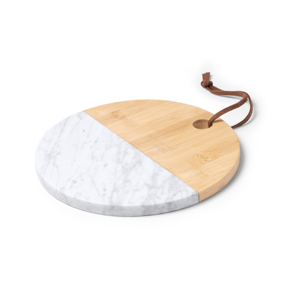 Personalised cutting board in bamboo and natural marble with faux leather strap