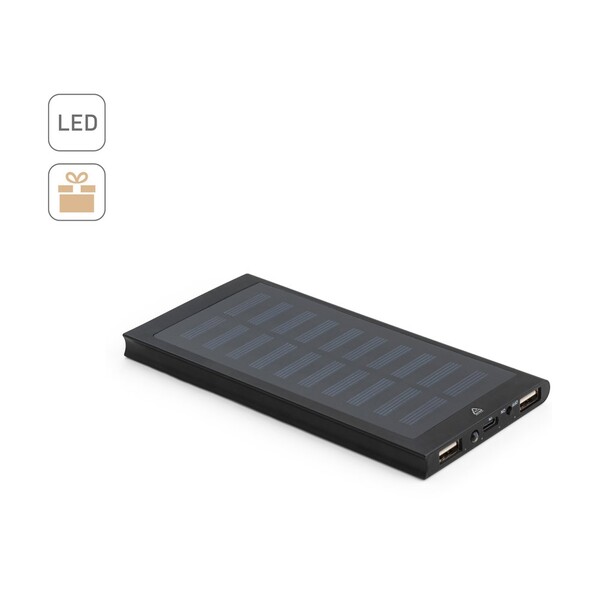 CLERK. Prijenosna baterija od 8000 mAh sa solarnim panelom od 100% recikliranog aluminija - Crna