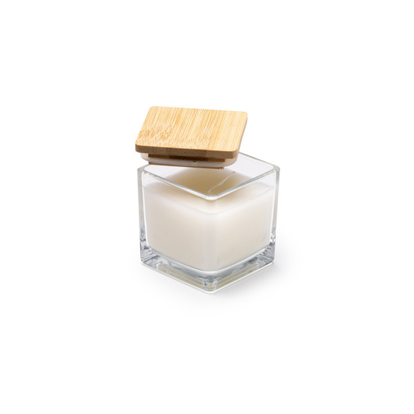 Personalised aromatic candle in glass jar with bamboo lid and vanilla scent