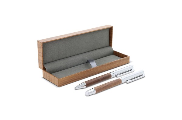 Metal ball pen and rollerball set walnut wood in gift box
