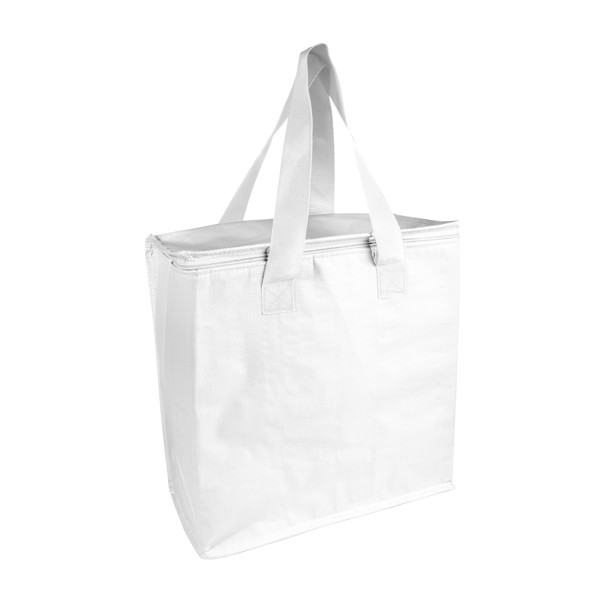 Laminated Pp Cooler Bag 120 G/M2, Coloured Handles, Zipper Closure - White