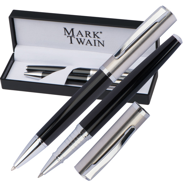 Mark Twain writing set with ball pen and rollerball pen OSKAR - Black