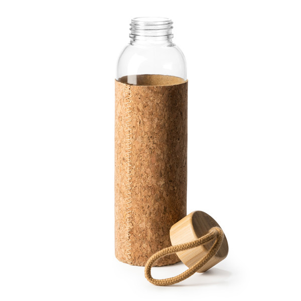 Personalised glass bottle 500 ml with cork sleeve and bamboo lid