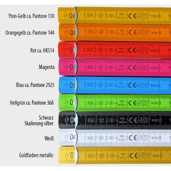 Bauer Zollstock 2 m mit 90°-Winkeleinrastung, 10 Farben, Made in Germany – inkl. 4-farbigem Druck