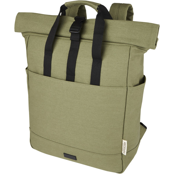 Sac à dos pour ordinateur portable Joey de 15 L en toile recyclée GRS 15 pouces avec dessus enroulable - Olive