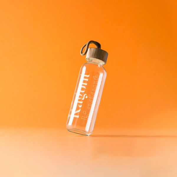 Personalised glass water bottle 450 ml with bamboo anti-leak lid