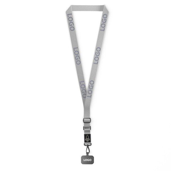 Porta cellulare regolabile a tracolla in tessuto con etichetta in metallo con logo inciso. Da 100pz - Bianco / Azzurro scuro