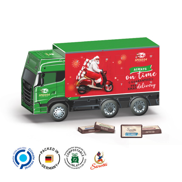 Adventskalender Lkw, Weiß / 24 Alpenmilch-Schokotäfelchen, 72 G