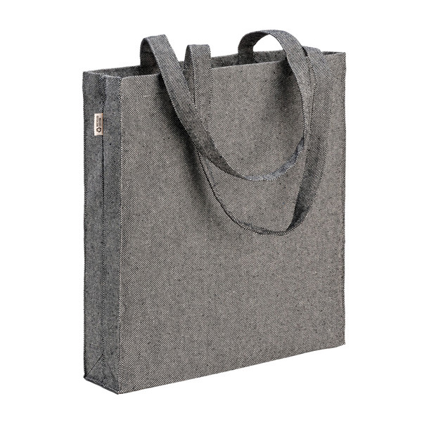 Recycled Cotton Shopper Bag 300 G/M2 With Melange Effect. Long Handles And Gusset - Black