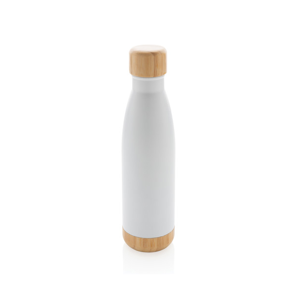 Vacuum stainless steel bottle with bamboo lid and bottom - White