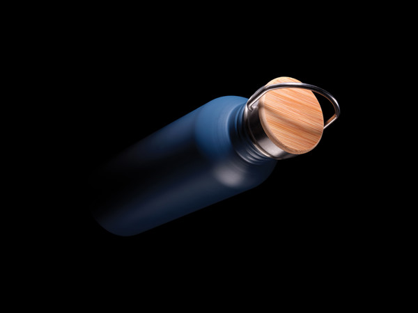 Bouteille en acier inoxydable avec couvercle en bambou - Bleu