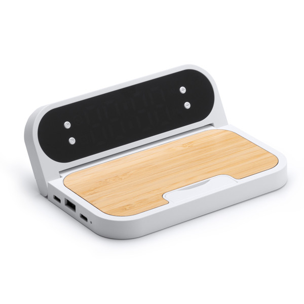 Cargador inalámbrico personalizado de ABS y bambú 10W con reloj y alarma