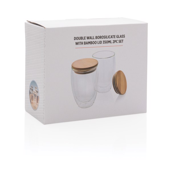 XD - Double wall borosilicate glass with bamboo lid 350ml 2pc set