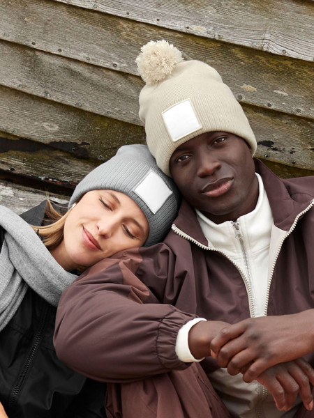 Appliqué Patch Pom Beanie - Ash / White