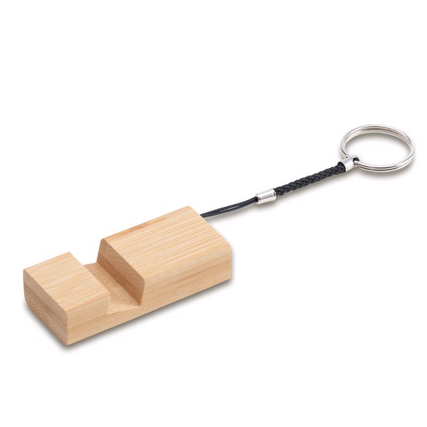 Bamboo keyring with phone stand.