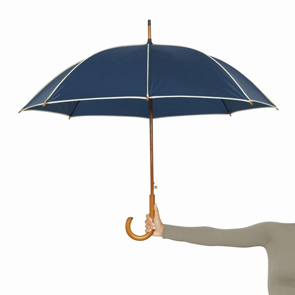 Automatic Wooden Stick Umbrella Waltz - Beige / Navy Blue