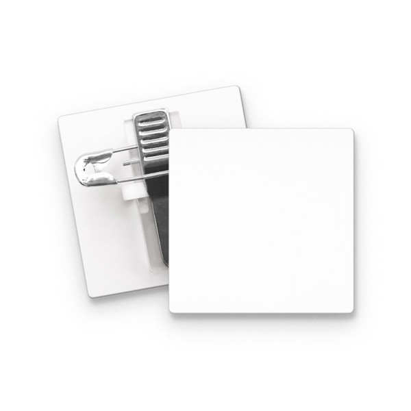 BADGE PLASTIQUE (PS) CARRE 36x36 mm AVEC PINCE EPINGLE
