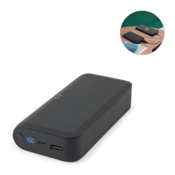 BECKER 20. Power bank 20'000 mAh em ABS reciclado (100% rABS) com carregador wireless super rápido 15W