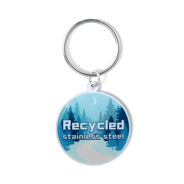 Custom shape recycled stainless steel keychain with a full colour doming - 40mm / M1 ring / Tissue paper wrapping