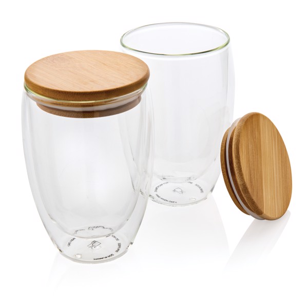 Set dvostijenka borosilikatnih čaša s bambusovim poklopcem 350 ml, 2 kom