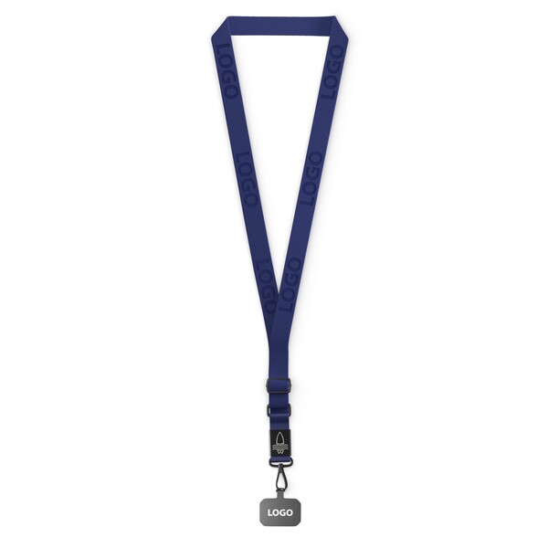 Porta cellulare regolabile a tracolla in tessuto con etichetta in metallo con logo inciso. Da 100pz - Blu notte