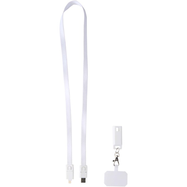 Tour de cou pour smartphone Franz en plastique recyclé avec synchronisation des données intégrée et câble 5 en 1 pour charge rapide de 65 W - Blanc