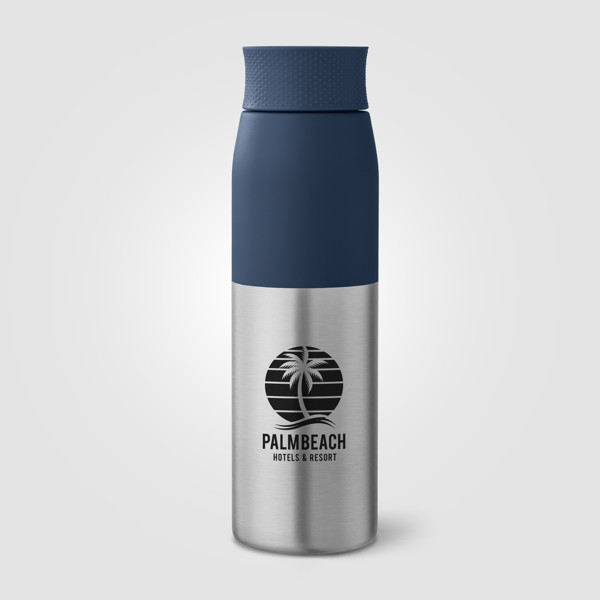 Bouteille Borealis à couvercle à torsion en acier inoxydable recyclé - 650 ml - Bleu marine / Jet d’encre 4 couleurs