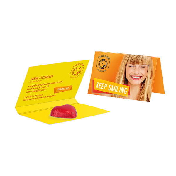 Promotion card, business card format, Storz chocolate heart