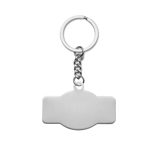 Schlüsselanhänger aus recyceltem Edelstahl in individueller Form mit Full Color Doming - 40mm / M3 - flacher Spaltring / Eingewickelt in Seidenpapier